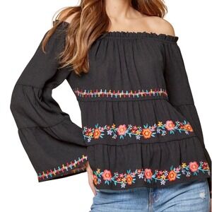Savanna Jane Black Off‎ Shoulder Embroidered Tiered Bell Sleeve Boho Top Size L